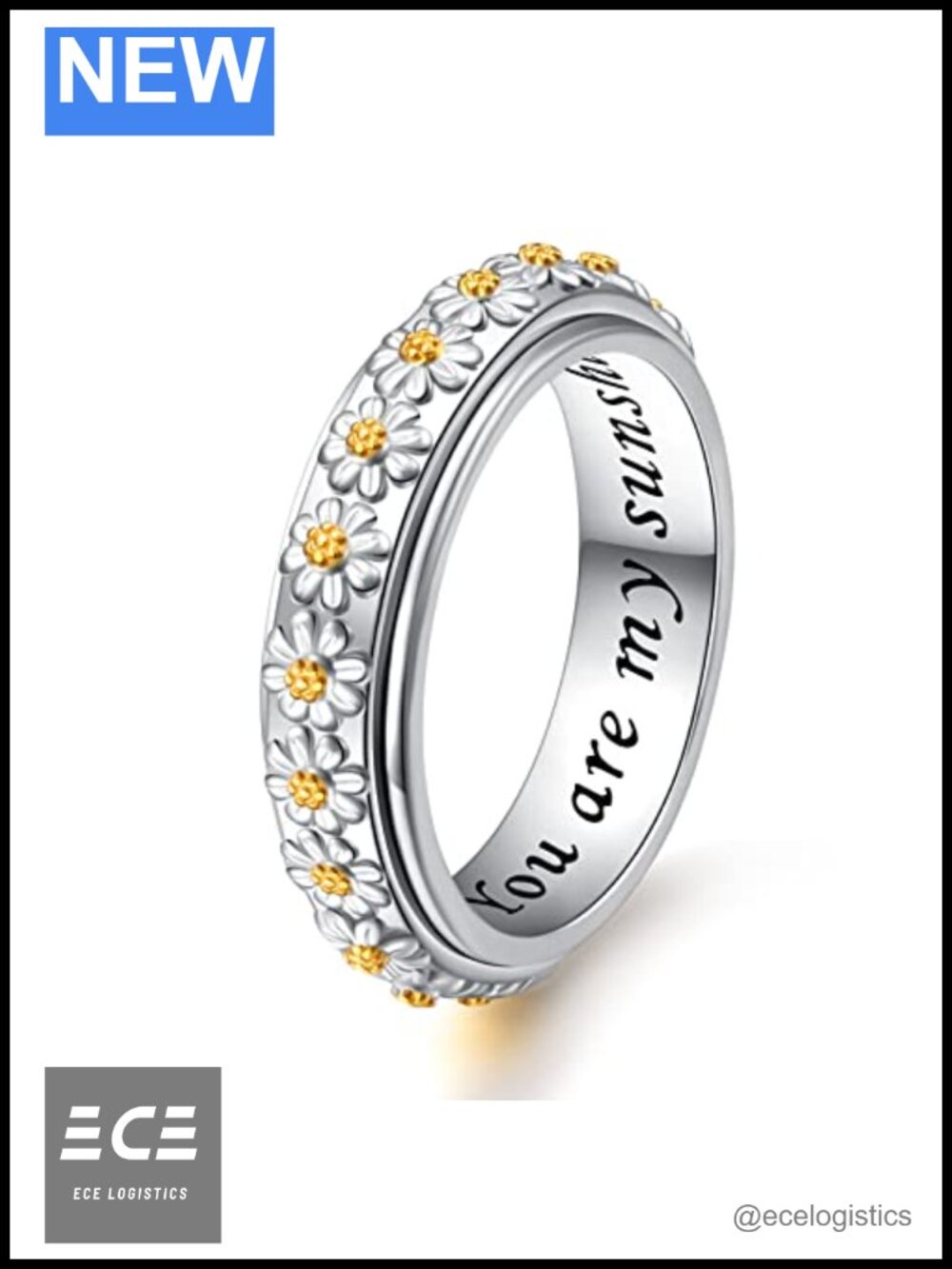 Sterling Silver 18K White Gold Plated Daisy Spinner Ring Size 8
